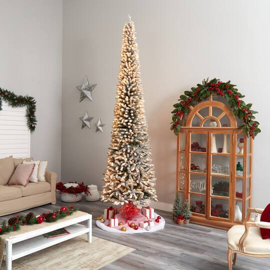 12ft. Pre-Lit Flocked Artificial Pencil Christmas Tree, Clear Lights